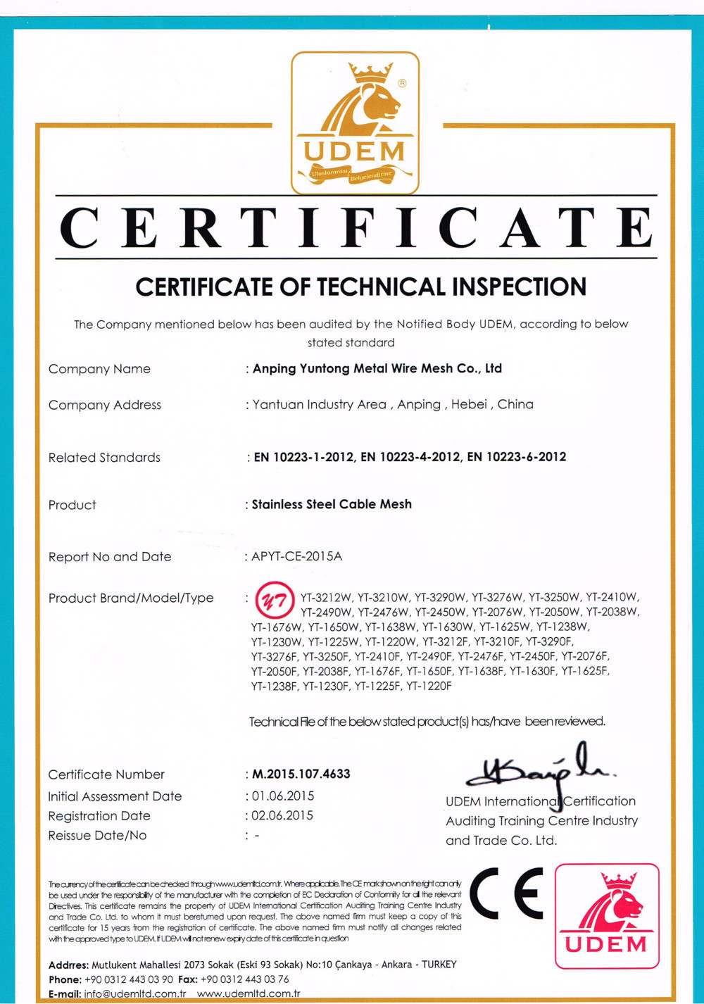 China Anping Yuntong Metal Mesh Co., Ltd. Certificações